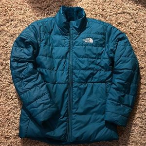 The North face Girls Reversible fleece Mossbud Jacket. Tell in color.